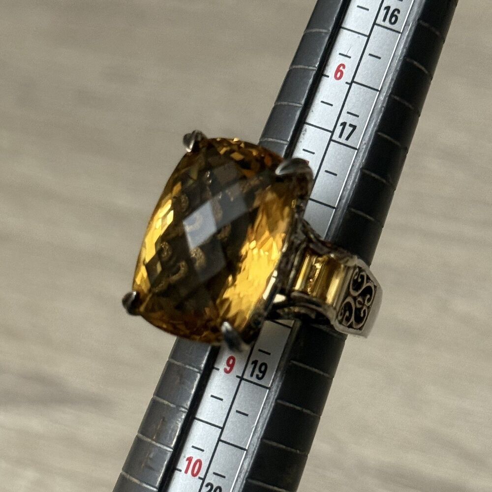 Gems En Vogue 26.4 Ct Canary Citrine Size 8 Cushion Checkerboard Cut Ring - Picture 5 of 10